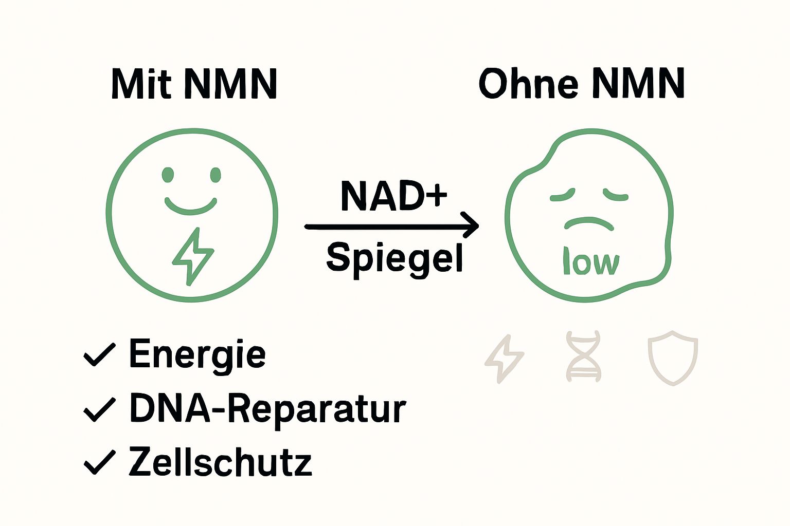 Infografik: Vergleich Zellgesundheit mit und ohne NMN