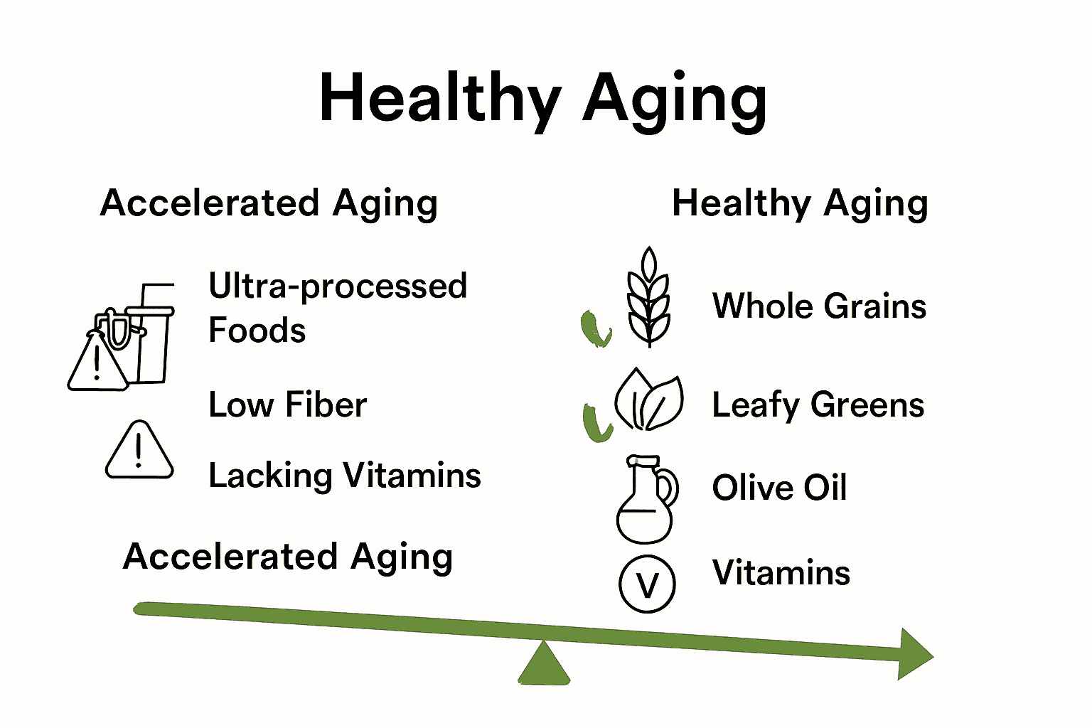 Infographic comparing foods promoting longevity versus those accelerating aging.