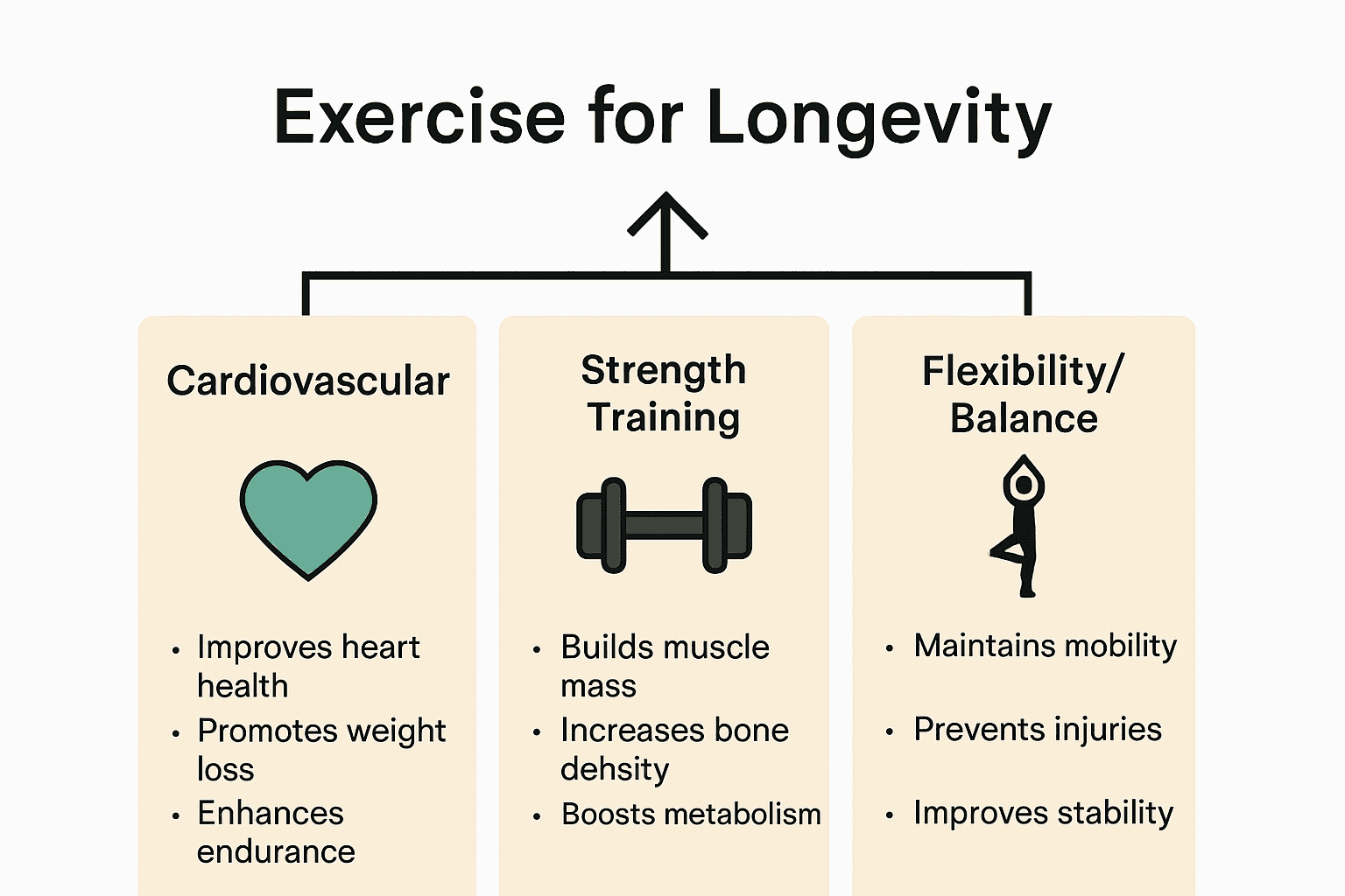 Comparison of exercise types for longevity with icons and benefits.