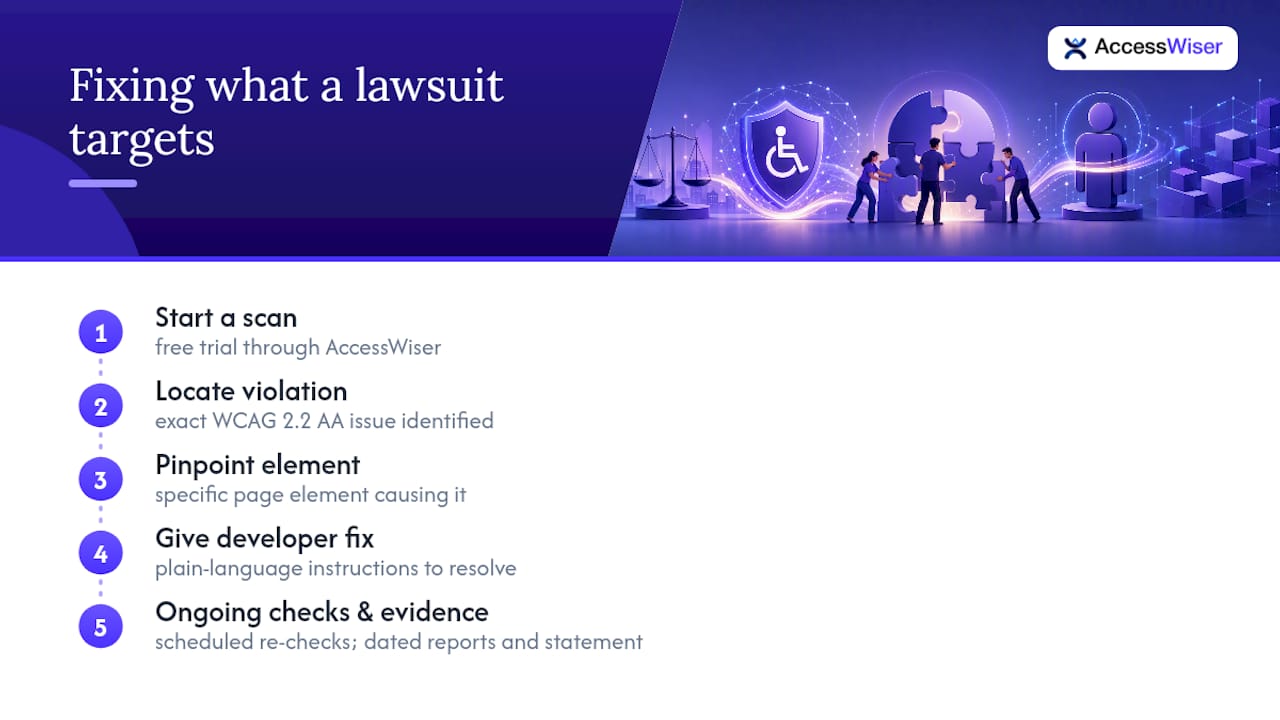 Start Fixing What a Lawsuit Would Target — overview diagram