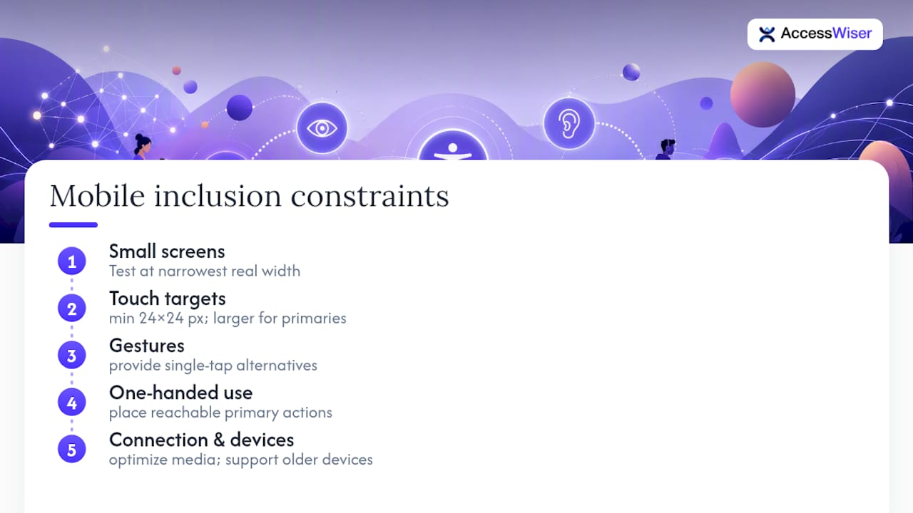 Mobile accessibility constraints and touch target guidance