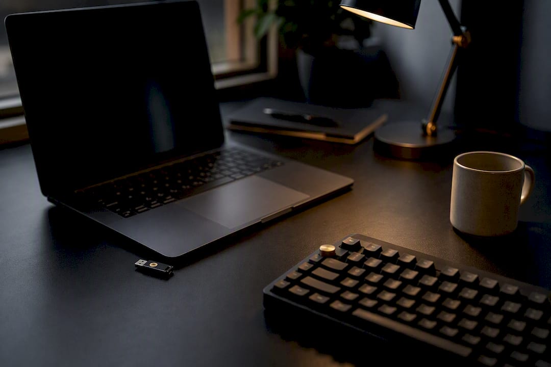 Hands inserting security key on developer desk