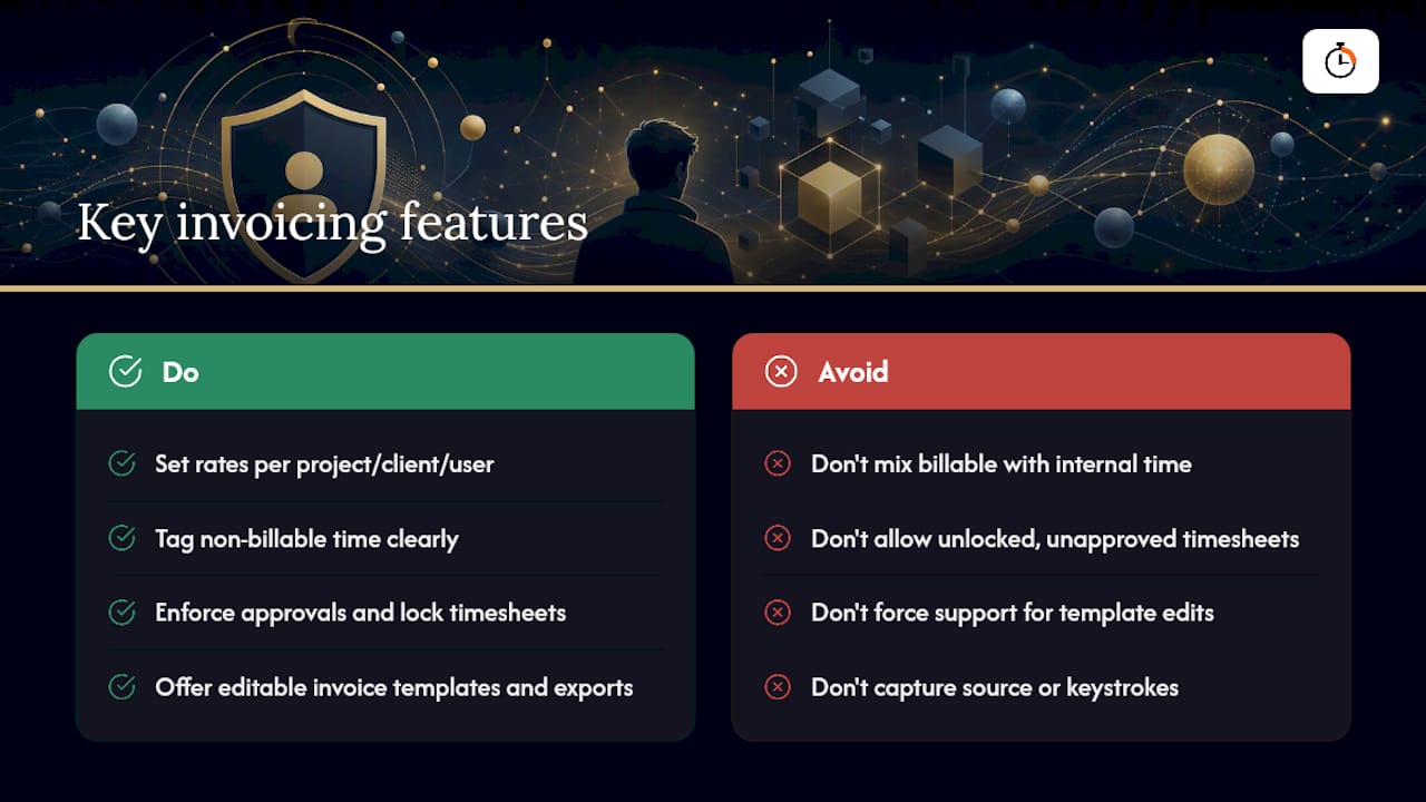 Diagram of key features to consider when choosing a time-tracking tool
