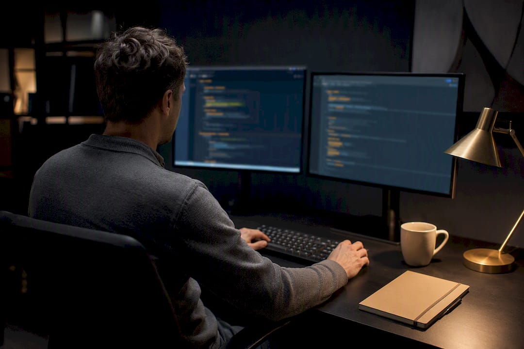 Developer reviewing IDE activity at workstation