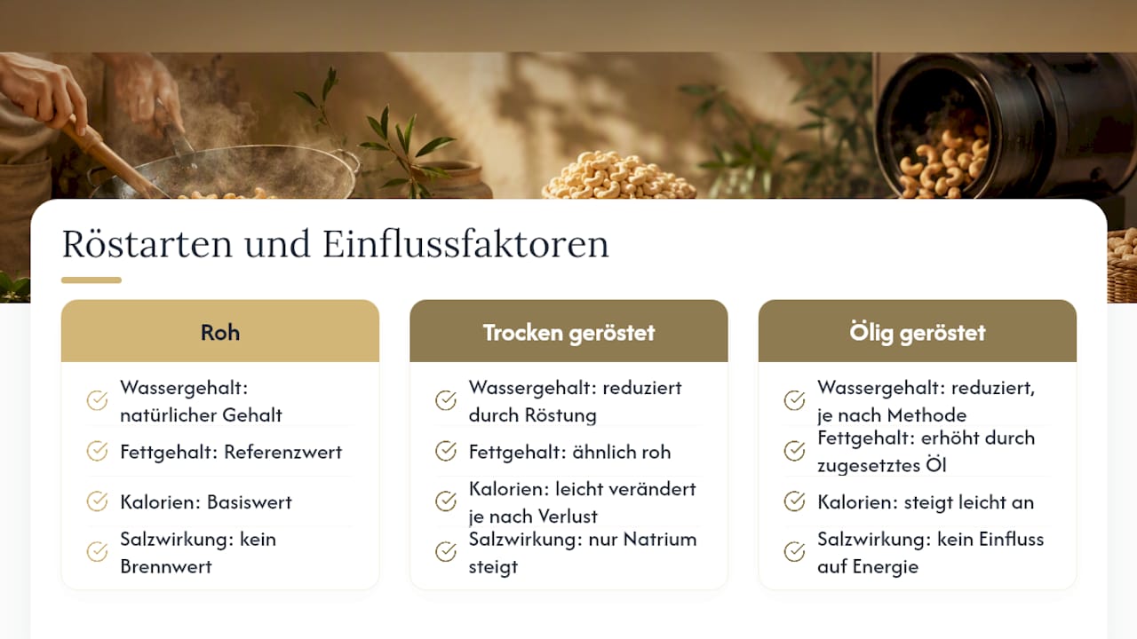 Kalorienvergleich zwischen rohen und gerösteten Cashews