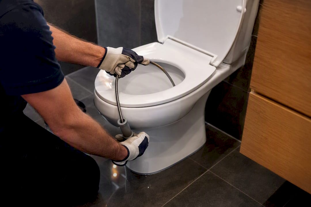 Plumber inserting snake tool into toilet trap pipe