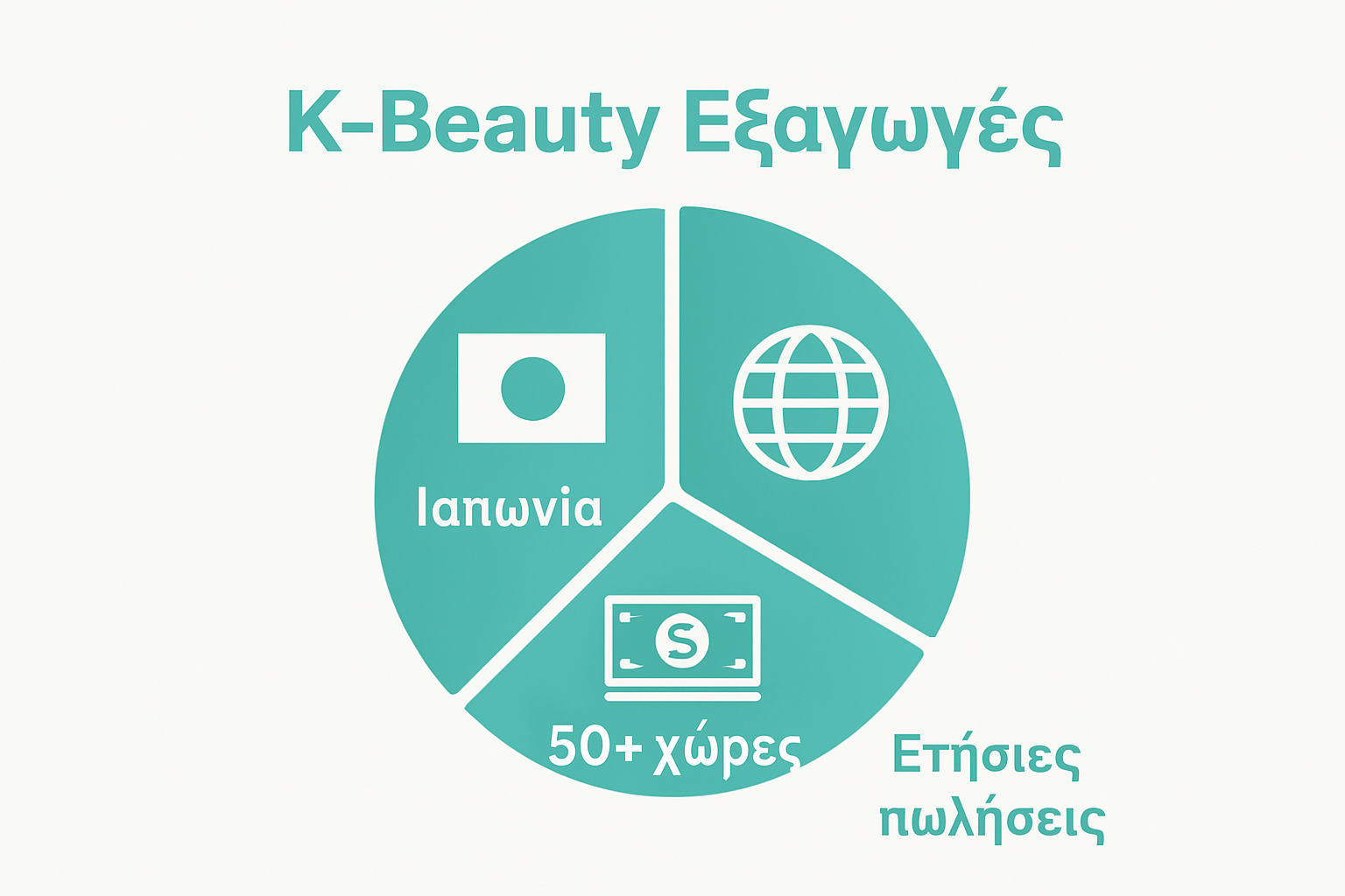 Απεικόνιση με γραφική πίτα των εξαγωγών και της παγκόσμιας εξάπλωσης των κορεατικών καλλυντικών