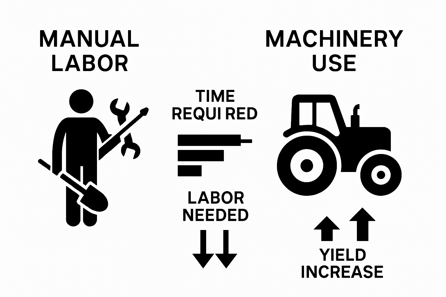 Manual labor versus machinery benefits comparison infographic