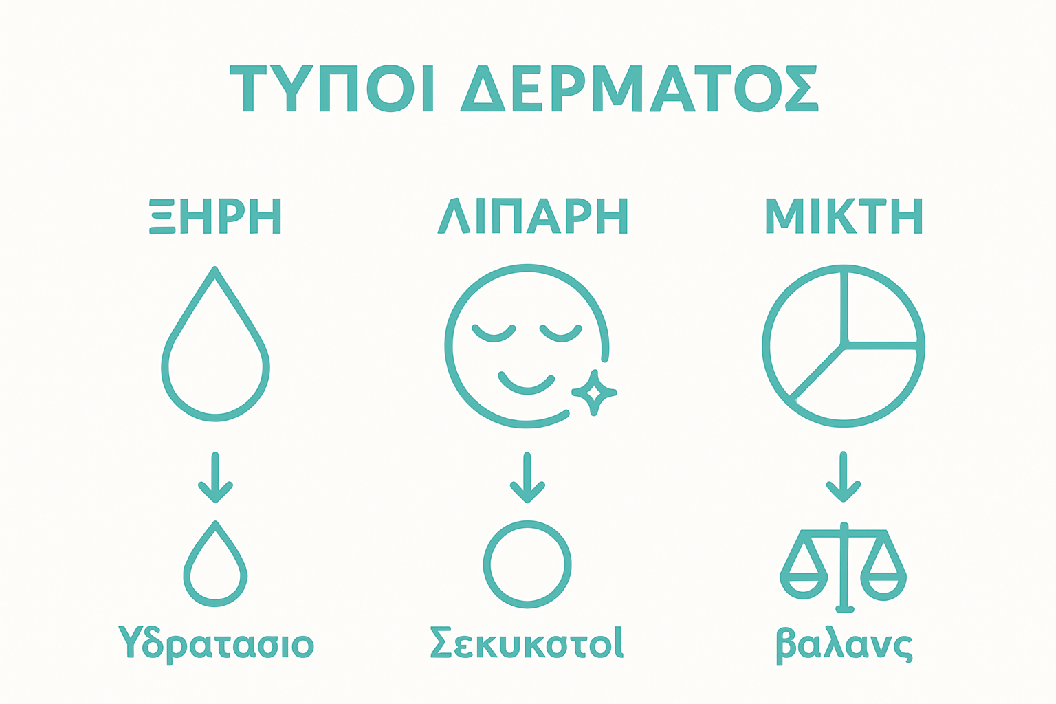 Κατανόηση του οδηγού skincare routine 2025 2 Εικονική σύγκριση τριών τύπων επιδερμίδας και κύριες ανάγκες φροντίδας