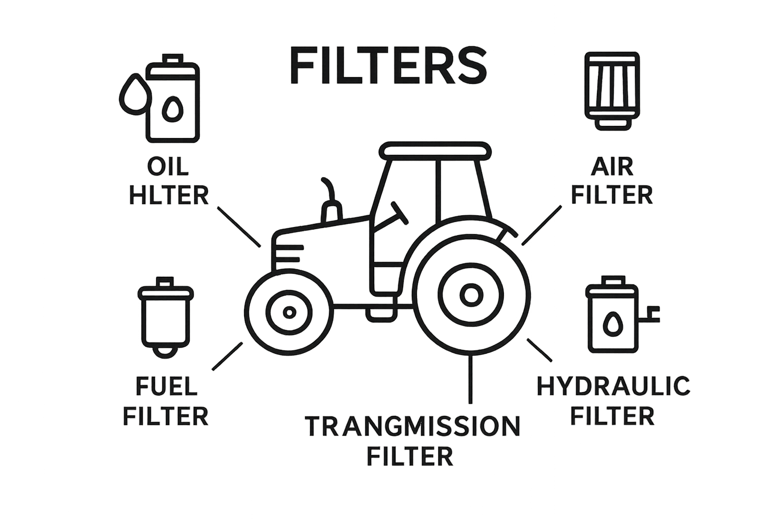 Infographic showing five main types of tractor filters and their system locations.