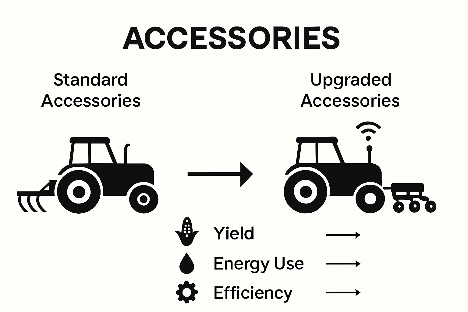 Infographic comparing standard vs. upgraded tractor accessories at a glance