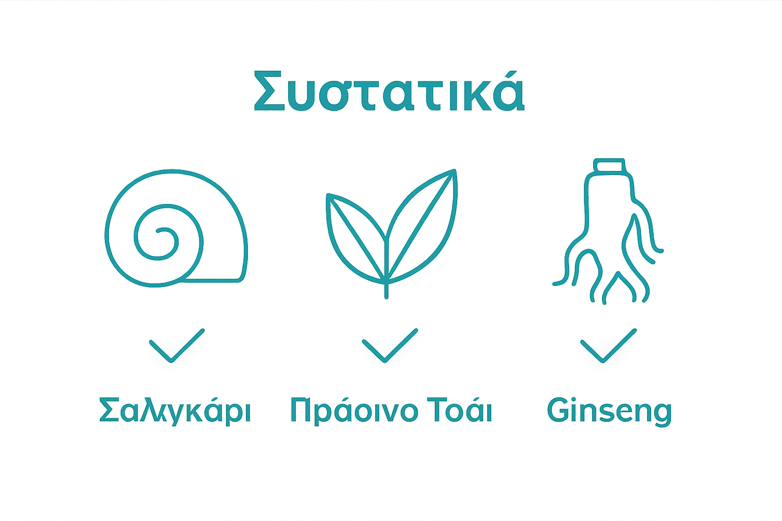 Visual icons comparing snail mucin, green tea, and ginseng in Korean skincare
