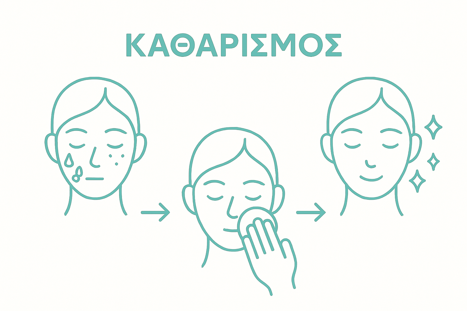 Εικονογραφημένη διαδικασία του διπλού καθαρισμού προσώπου σε 3 απλά βήματα