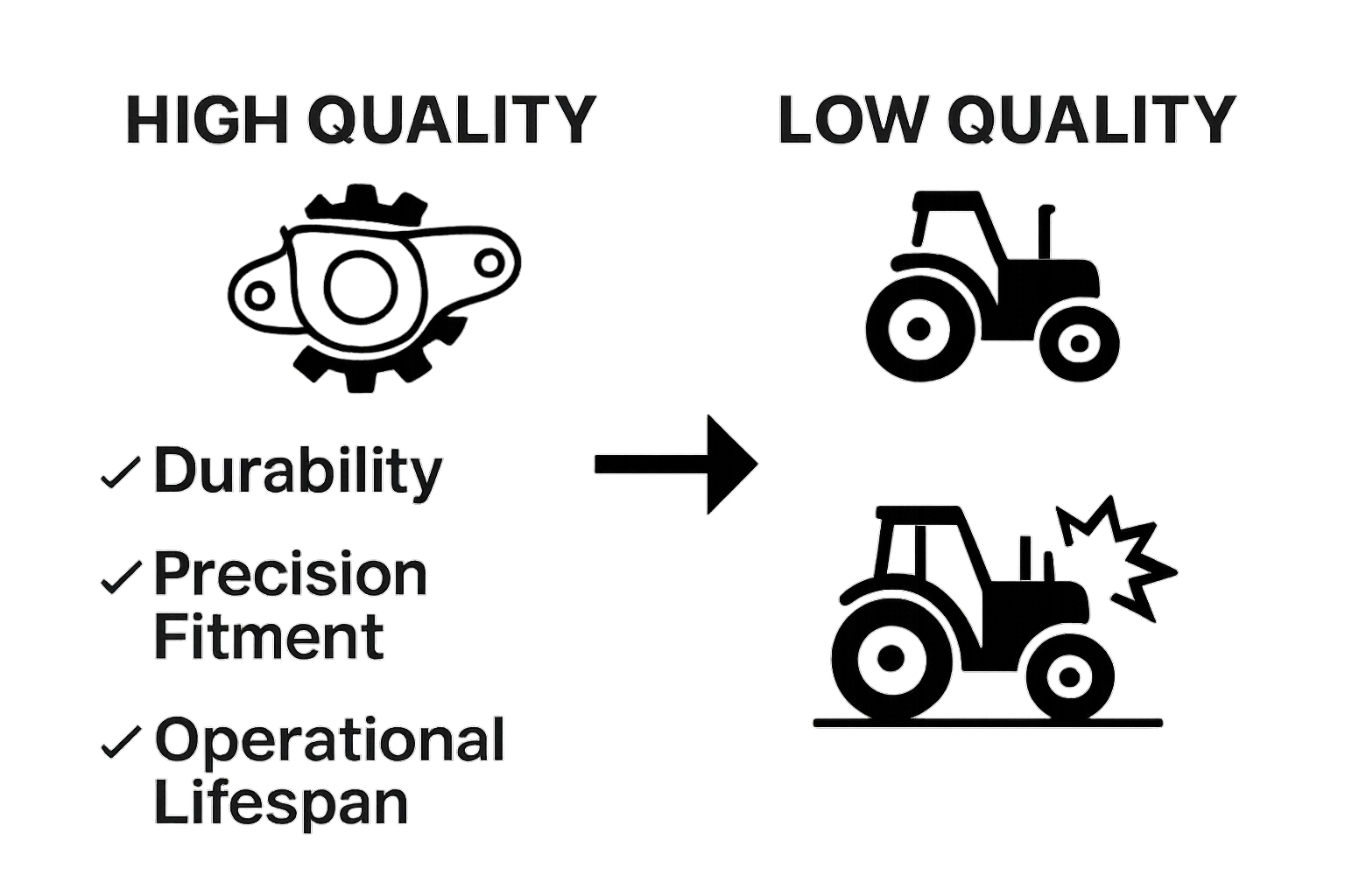 Infographic comparing high quality vs low quality tractor parts across key features