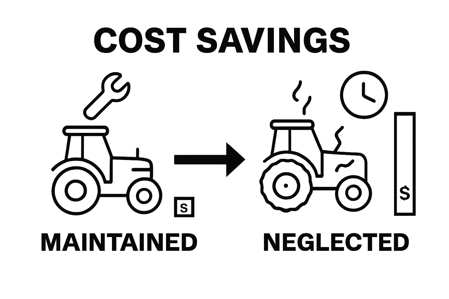 Infographic showing maintenance costs versus repair costs for tractors