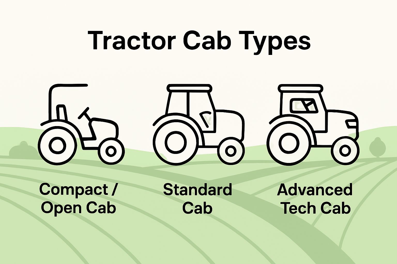 Side-by-side visual comparison of three tractor cab types