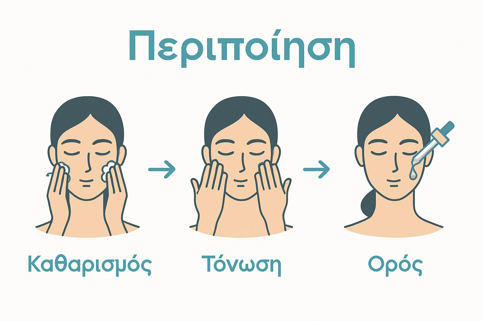 Visual sequence of basic skincare steps: cleansing, toning, applying serum
