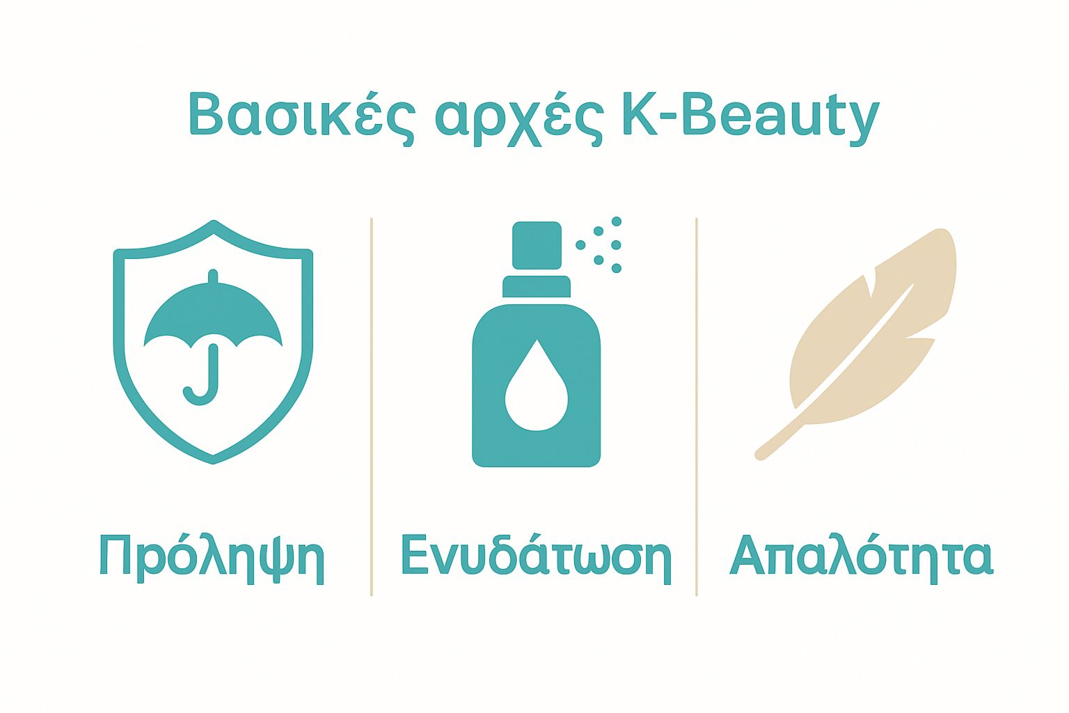 Three icons showing K-beauty principles: shield, water drop, feather