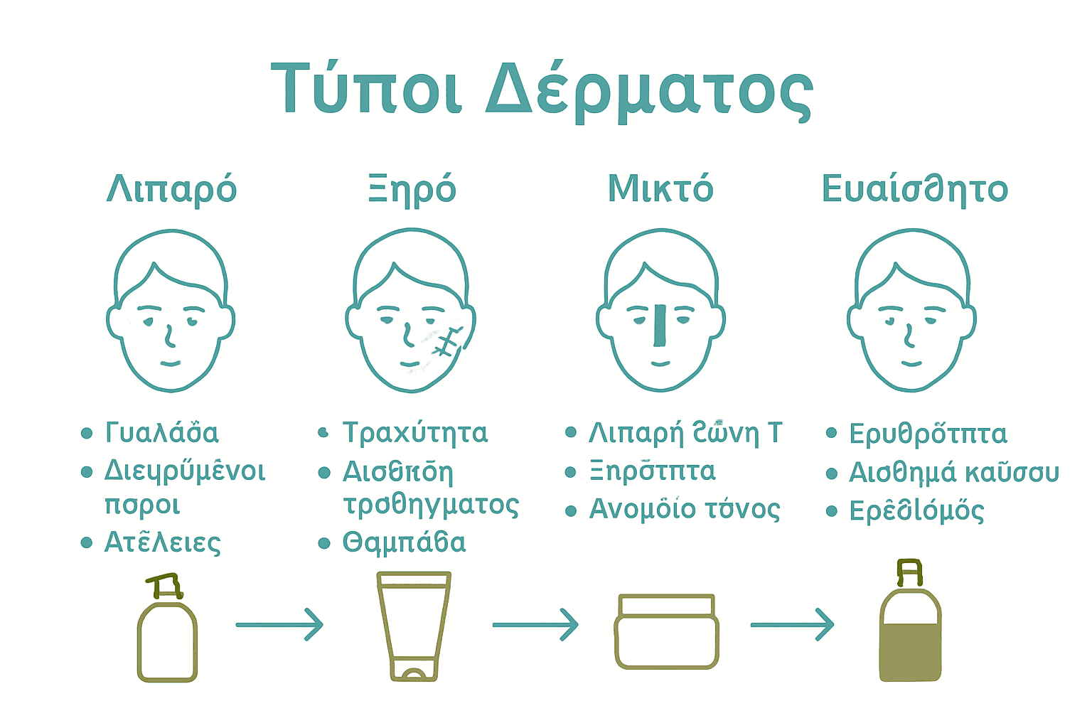 Infographic comparing four skin types with characteristics and product tips.