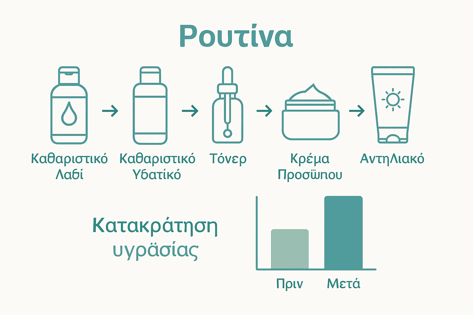 Γραφικό με 6 βήματα k-beauty ρουτίνας και δείκτης υγρασίας.