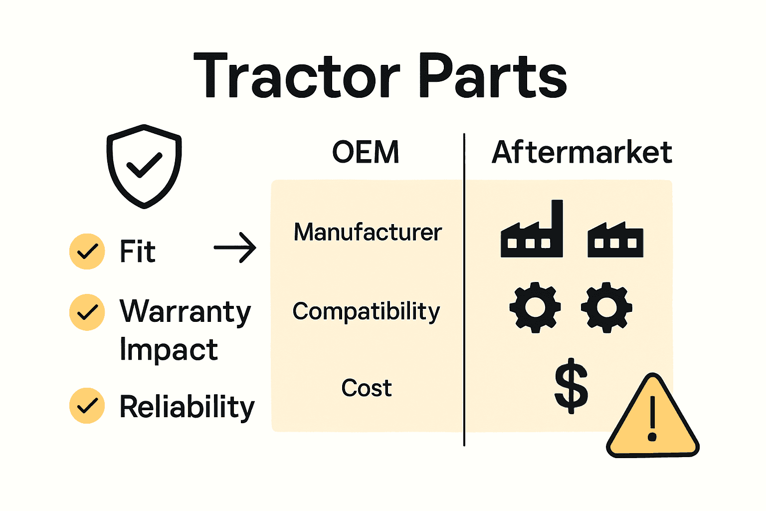 Infographic comparing OEM and aftermarket tractor parts on fit, warranty, and reliability.
