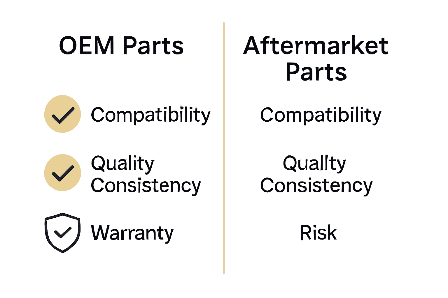 Infographic comparing OEM and aftermarket tractor parts for quality, fit, and warranty.