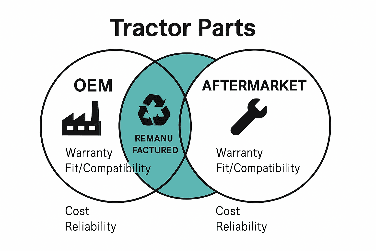 Venn diagram comparing OEM, aftermarket, and remanufactured tractor parts