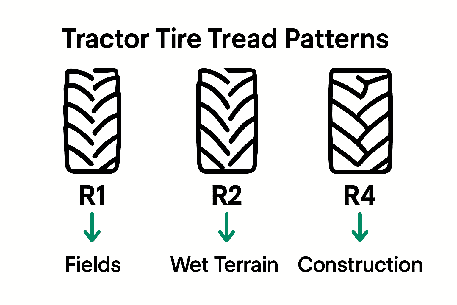 Infographic comparing R1, R2, R4 tractor tire treads and uses