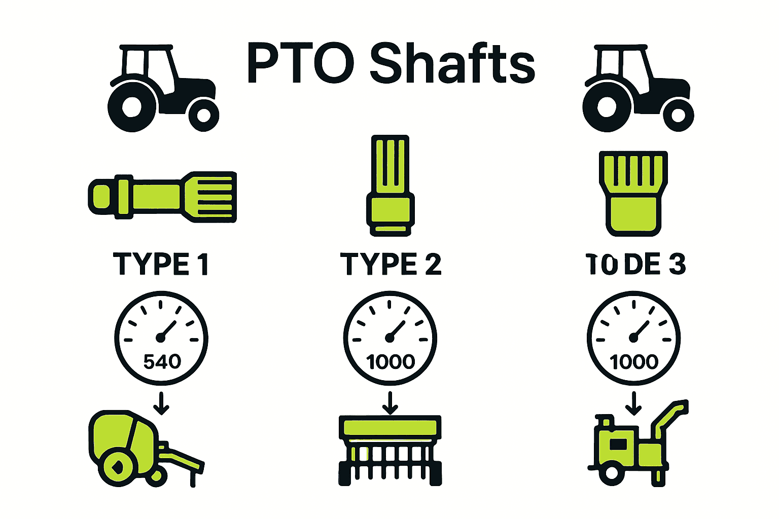 Infographic comparing PTO shaft types and uses