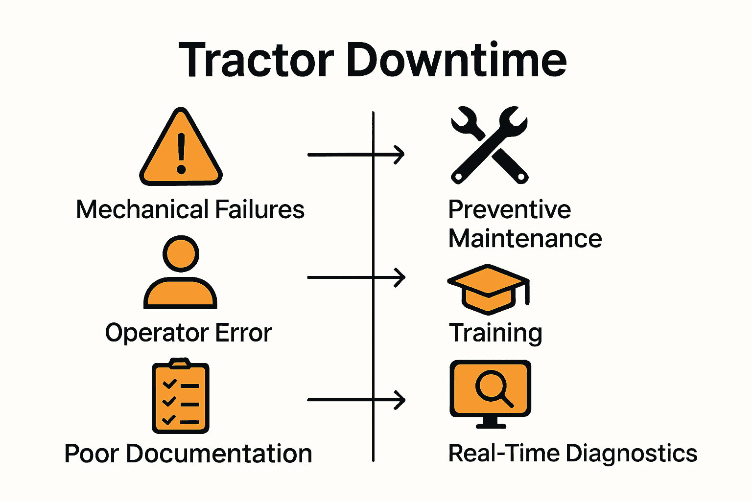 Infographic comparing causes and solutions for tractor downtime