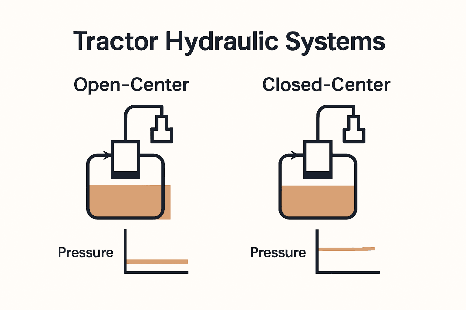 Infographic comparing open-center and closed-center tractor hydraulic systems.