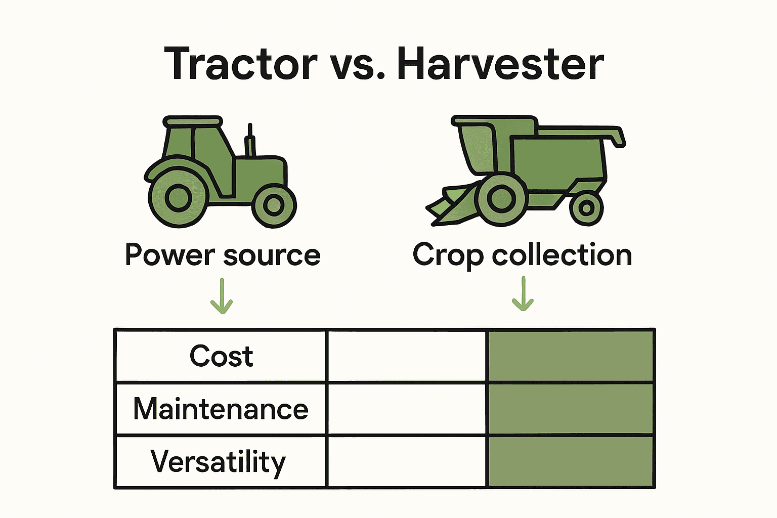 Infographic comparing tractor and harvester functions and costs