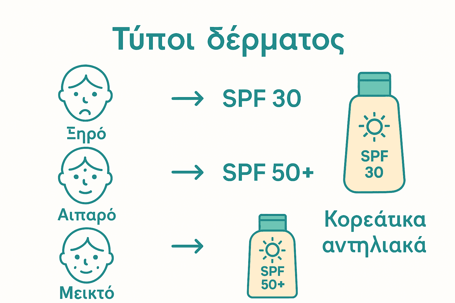 Infographic που συνδέει τύπους δέρματος με SPF και αντηλιακά