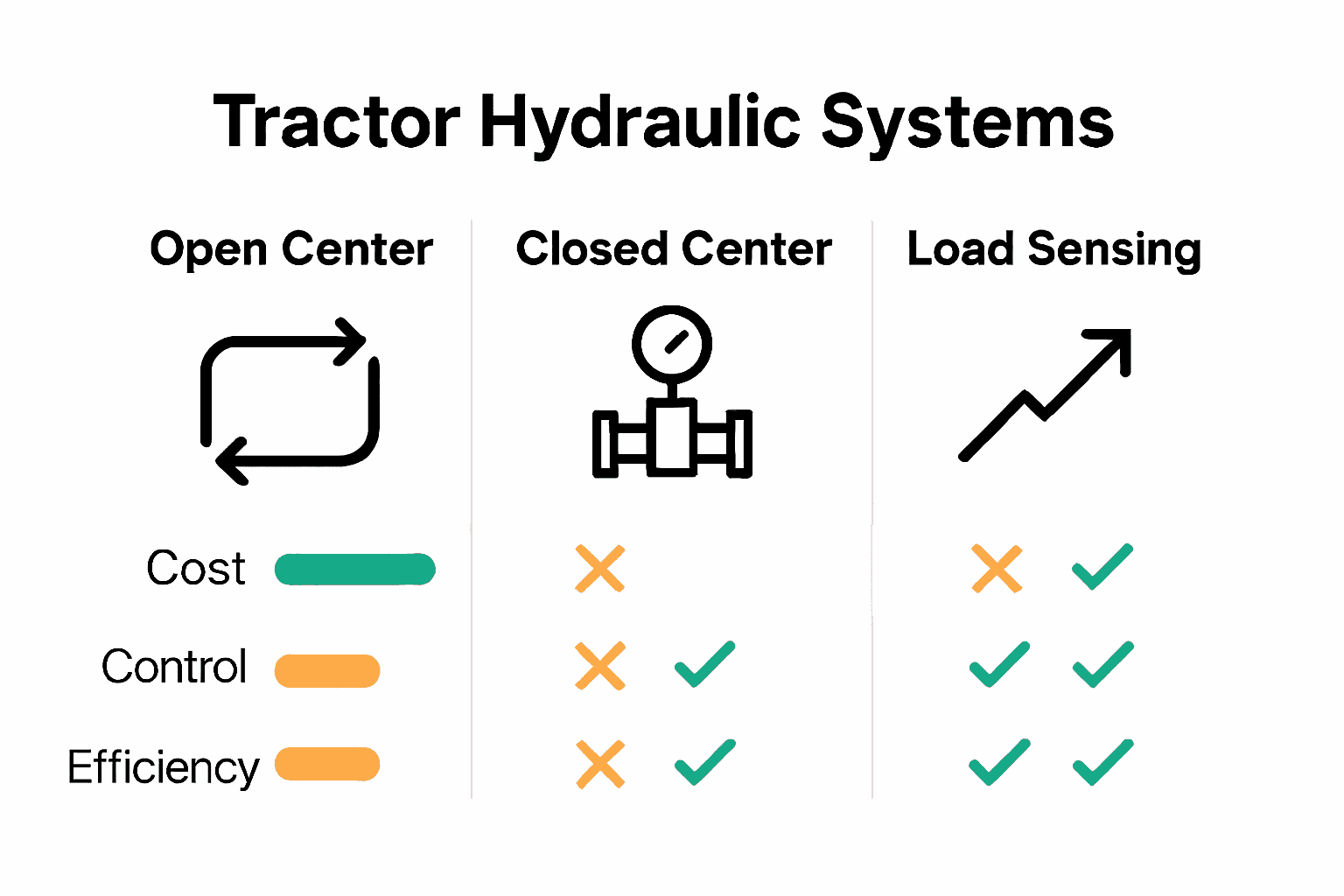 Infographic comparing three types of tractor hydraulic systems.