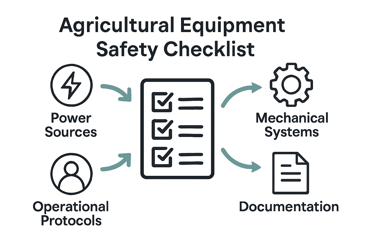 Visual summary of agricultural safety checklist components: power sources, mechanics, protocol, documentation.