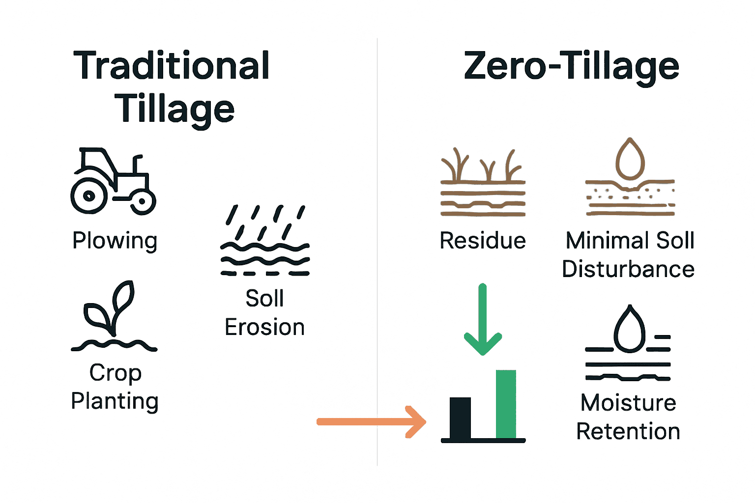 Comparison of traditional versus zero-tillage farming methods infographic.