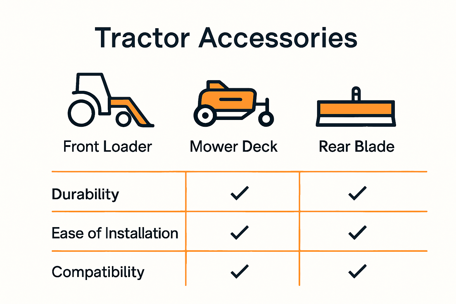 Infographic comparing features of three tractor accessories: front loader, mower deck, and rear blade.