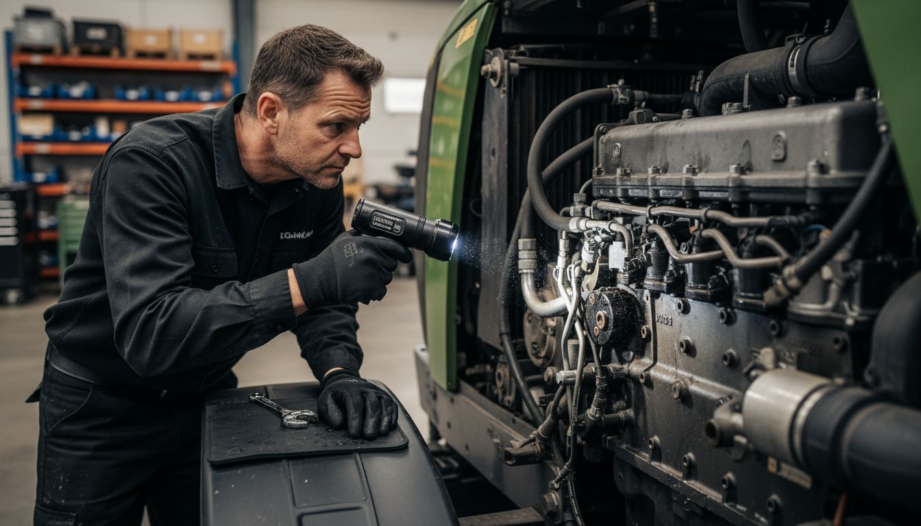 Technician inspects tractor engine for damage
