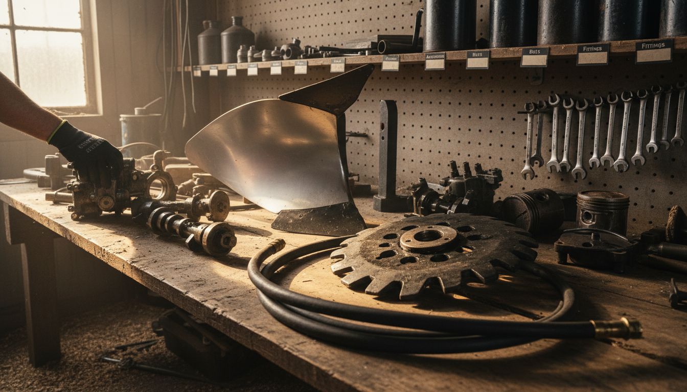 Assorted agricultural parts on organized workshop bench