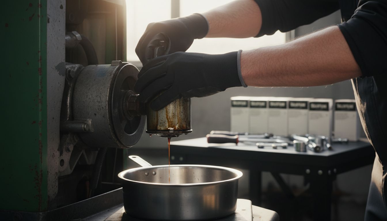Mechanic removes old tractor oil filter