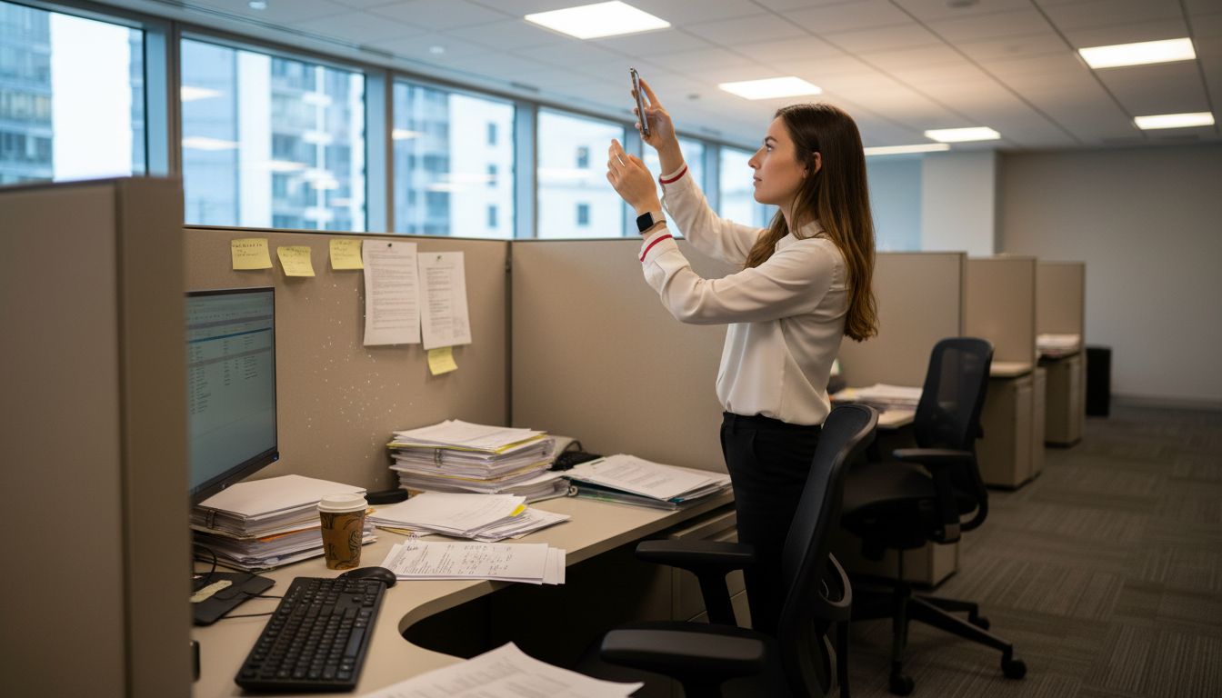 Woman uses phone for smart office lighting
