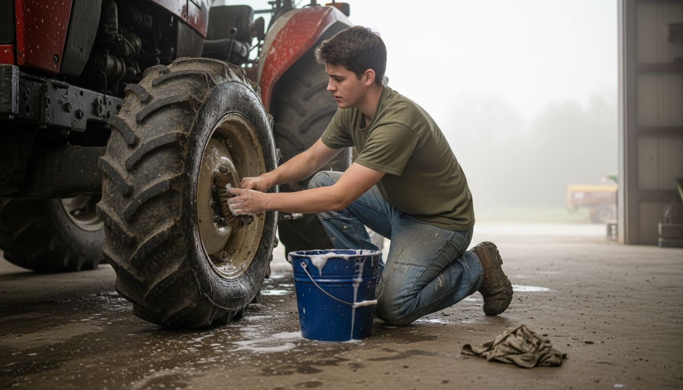 Farm worker scrubbing tractor tire and mud