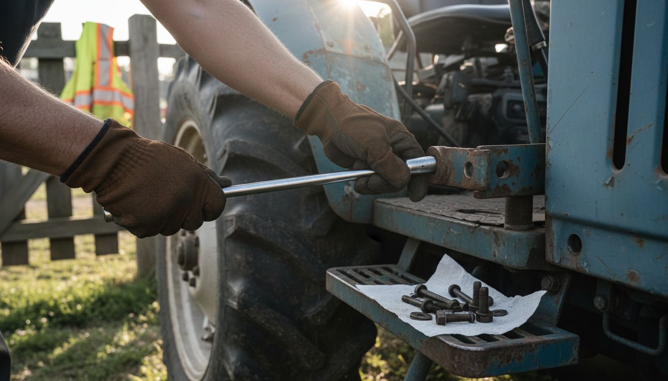 Hands removing tractor accessory bolt