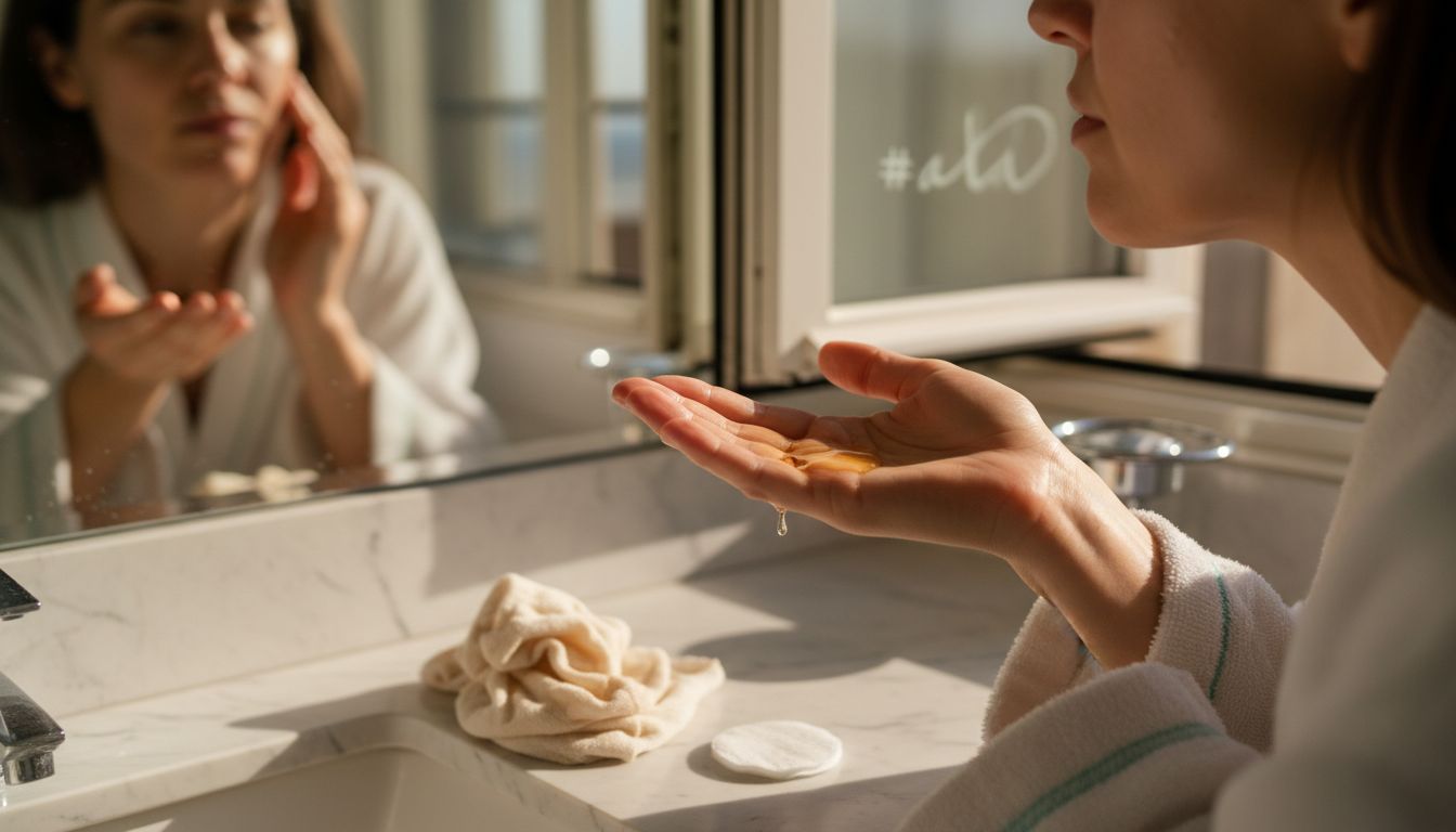 Hands applying cleansing oil to face