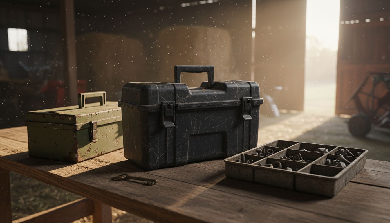 Three assorted tractor toolboxes on workbench