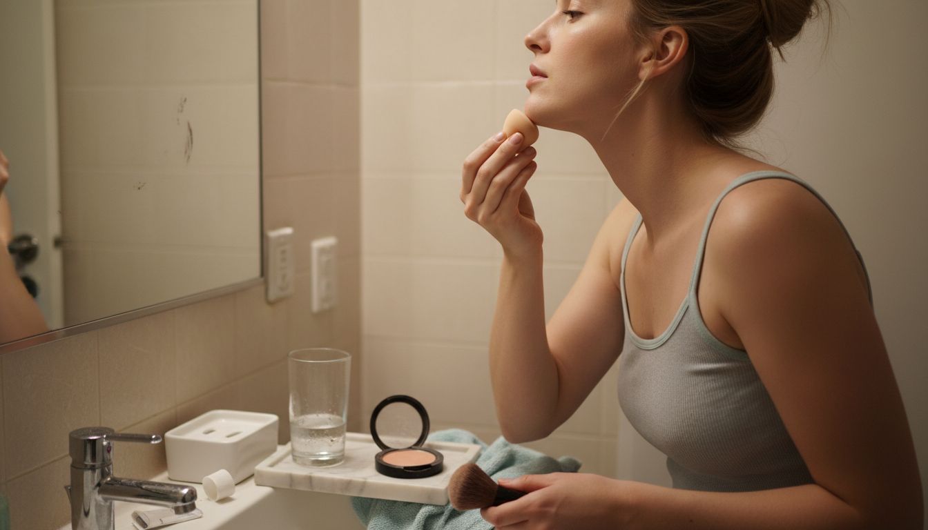 Woman dabbing foundation with sponge in bathroom