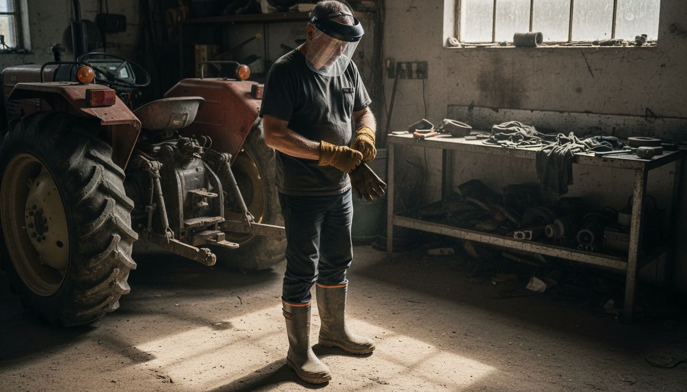 Applying gloves and face shield for tractor work