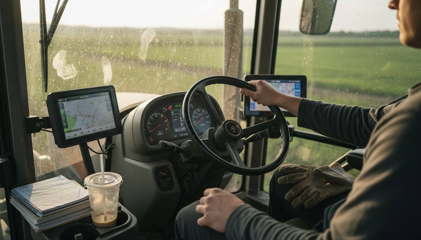 Operator using touchscreen in modern tractor cab