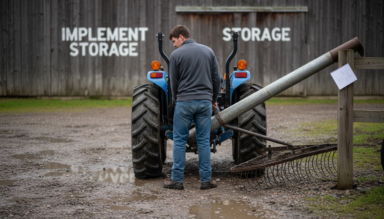 Farmer changing PTO implements in yard