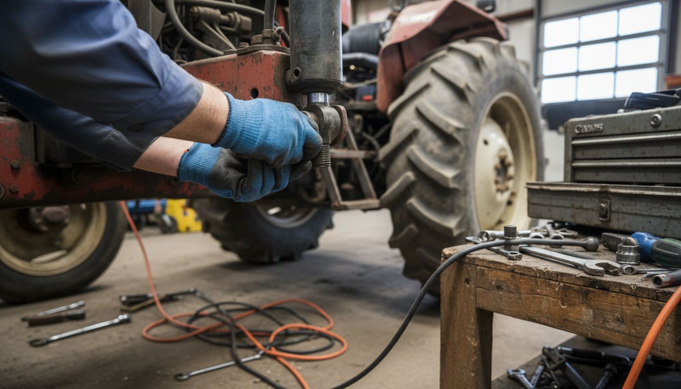 Mechanic adjusting hydraulic cylinder on tractor